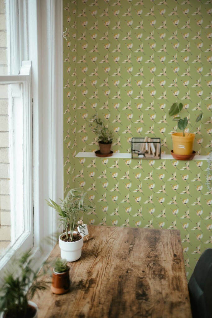 Farmhouse style home office decorated with Green Japanese crane bird peel and stick wallpaper