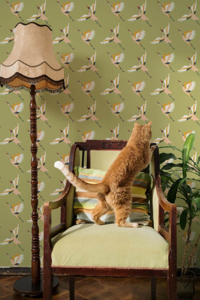 Victorian style living room with a cat decorated with Green Japanese crane bird peel and stick wallpaper