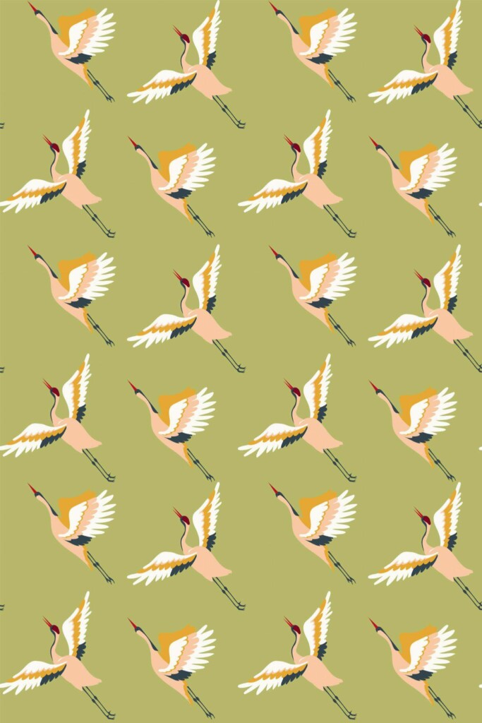Pattern repeat of Green Japanese crane removable wallpaper design