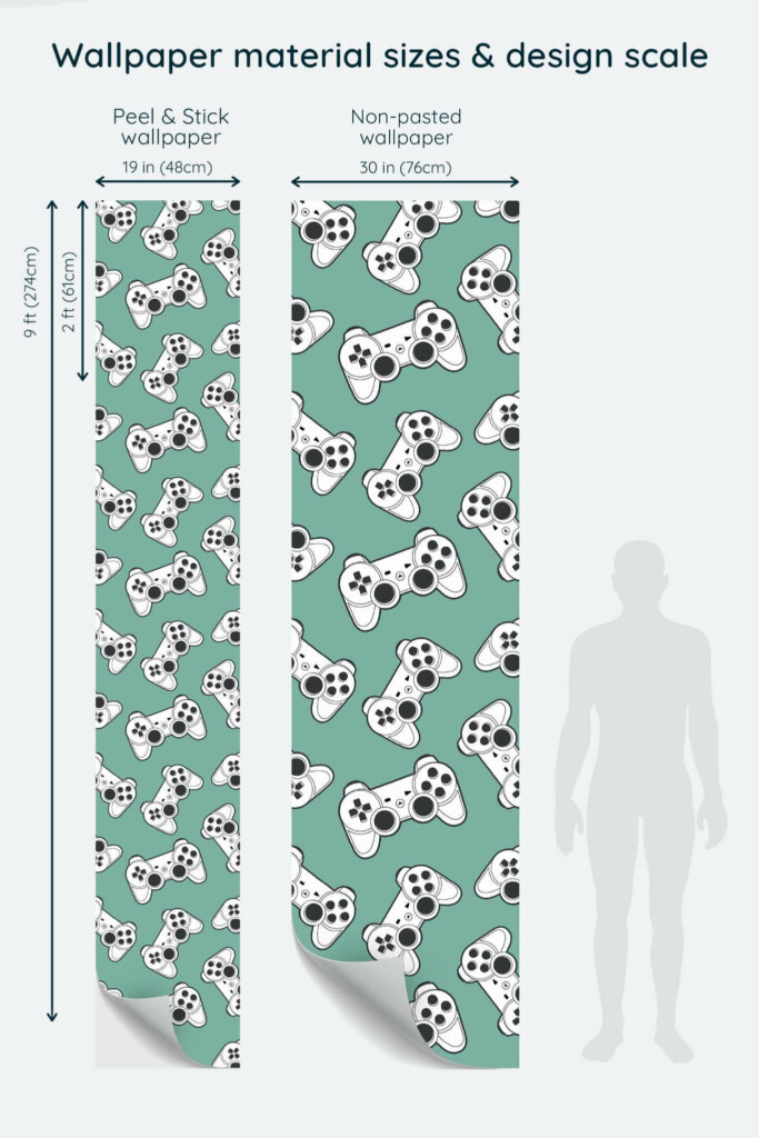 Size comparison of Green joystick Peel & Stick and Non-pasted wallpapers with design scale relative to human figure