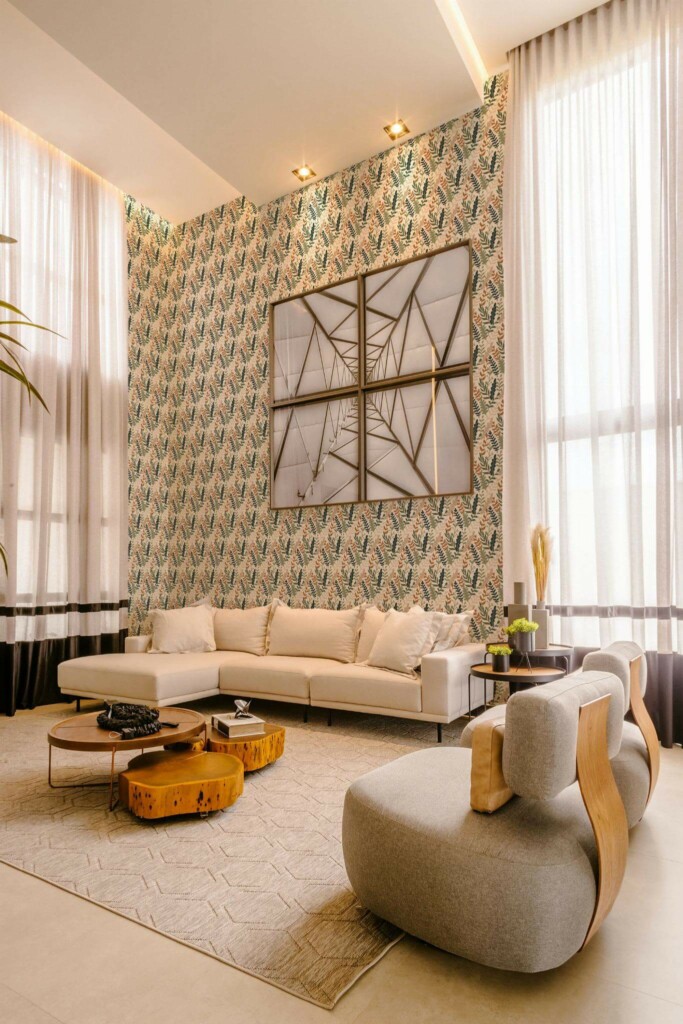 Contemporary style living room decorated with Green leaf abstract peel and stick wallpaper
