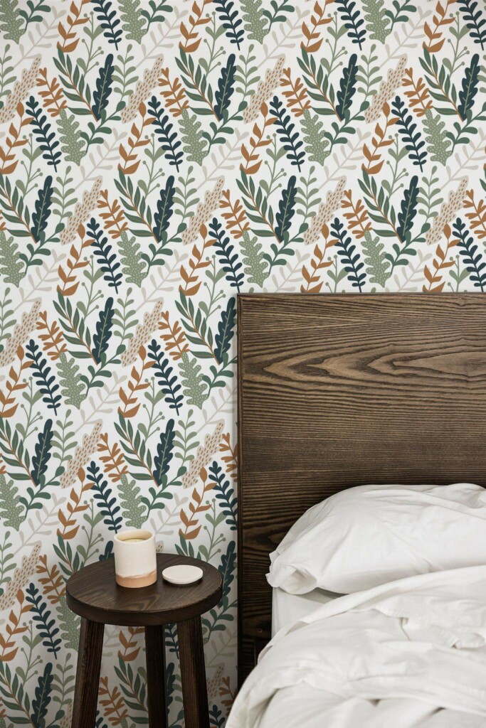 Farmhouse style bedroom decorated with Green leaf abstract peel and stick wallpaper