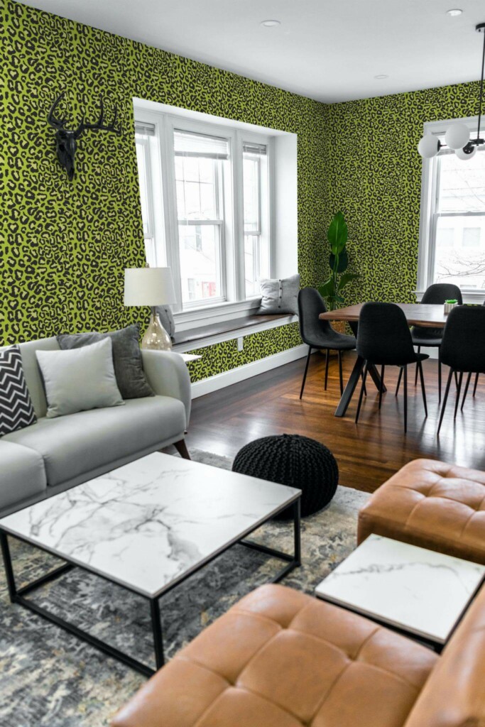 Mid-century modern scandinavian style living dining room decorated with Green leopard pattern peel and stick wallpaper