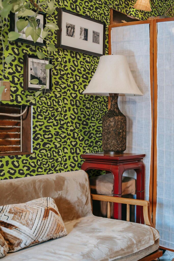 Southwestern style living room decorated with Green leopard pattern peel and stick wallpaper