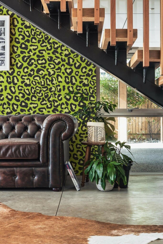 Traditional style entryway decorated with Green leopard pattern peel and stick wallpaper