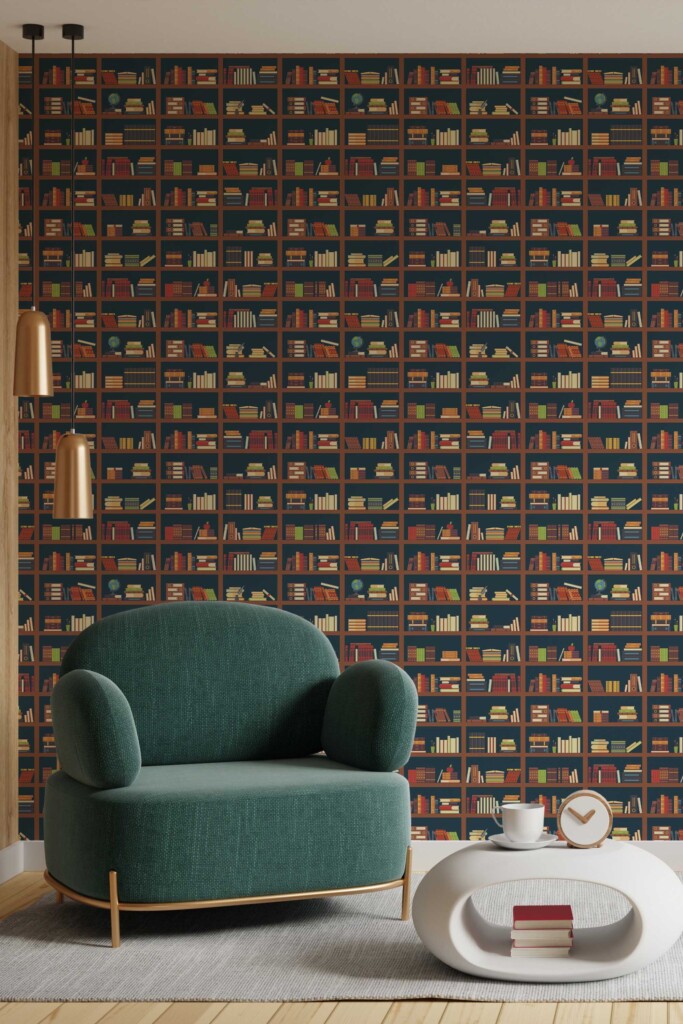 Green bookshelf pattern self-adhesive wallpaper by Fancy Walls