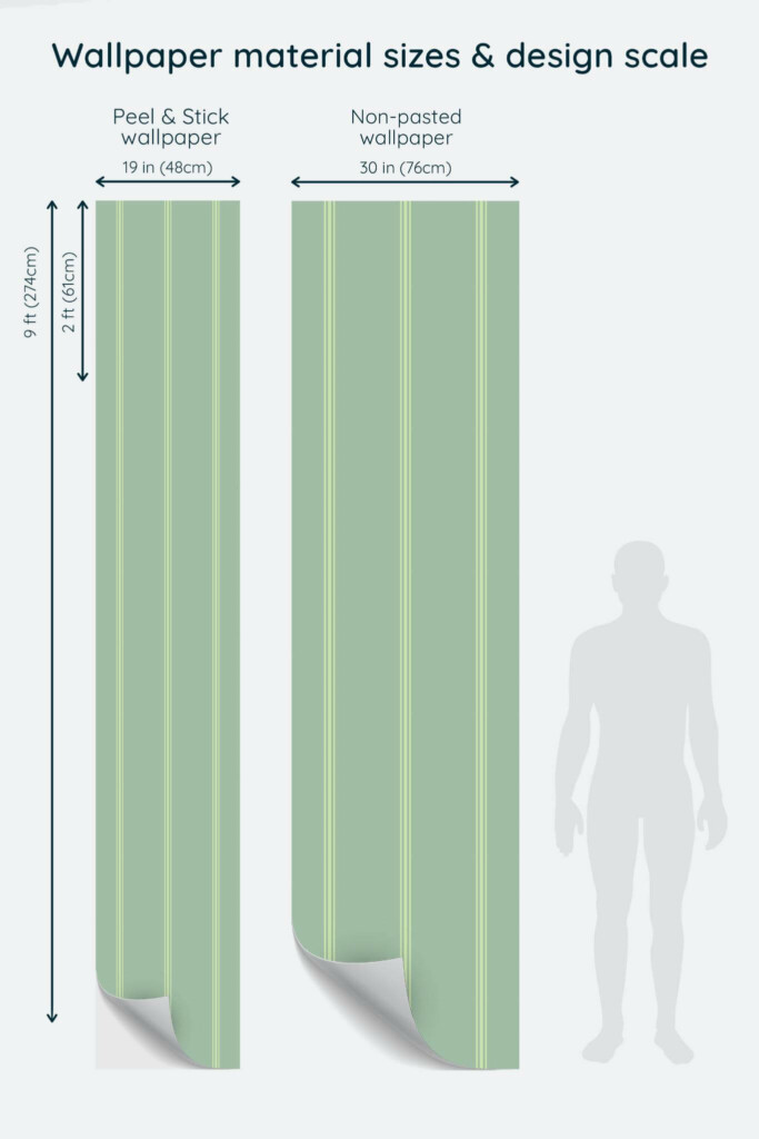 Size comparison of Green Lines Peel & Stick and Non-pasted wallpapers with design scale relative to human figure