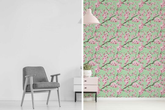 cherry blossom green traditional wallpaper