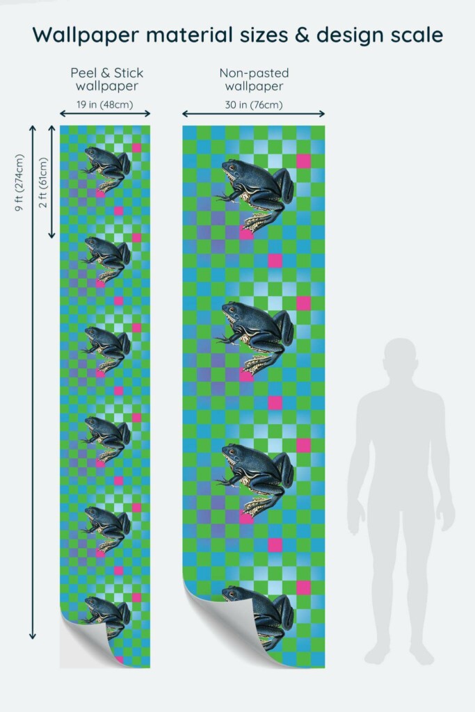 Size comparison of Green Maximalist Frog Peel & Stick and Non-pasted wallpapers with design scale relative to human figure
