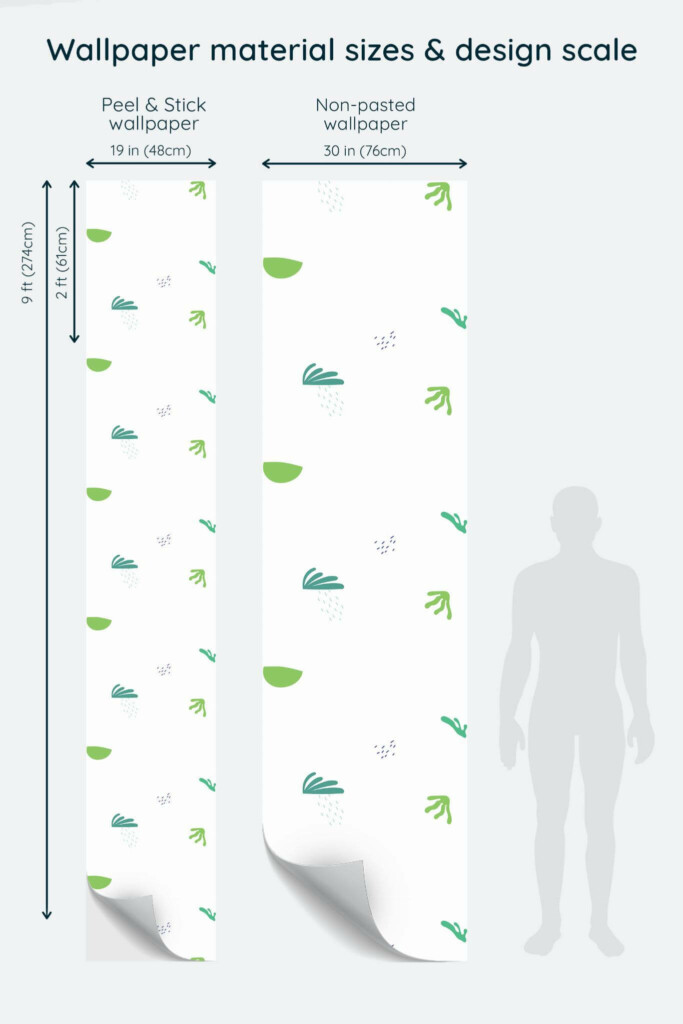 Size comparison of Green minimalist leaf Peel & Stick and Non-pasted wallpapers with design scale relative to human figure
