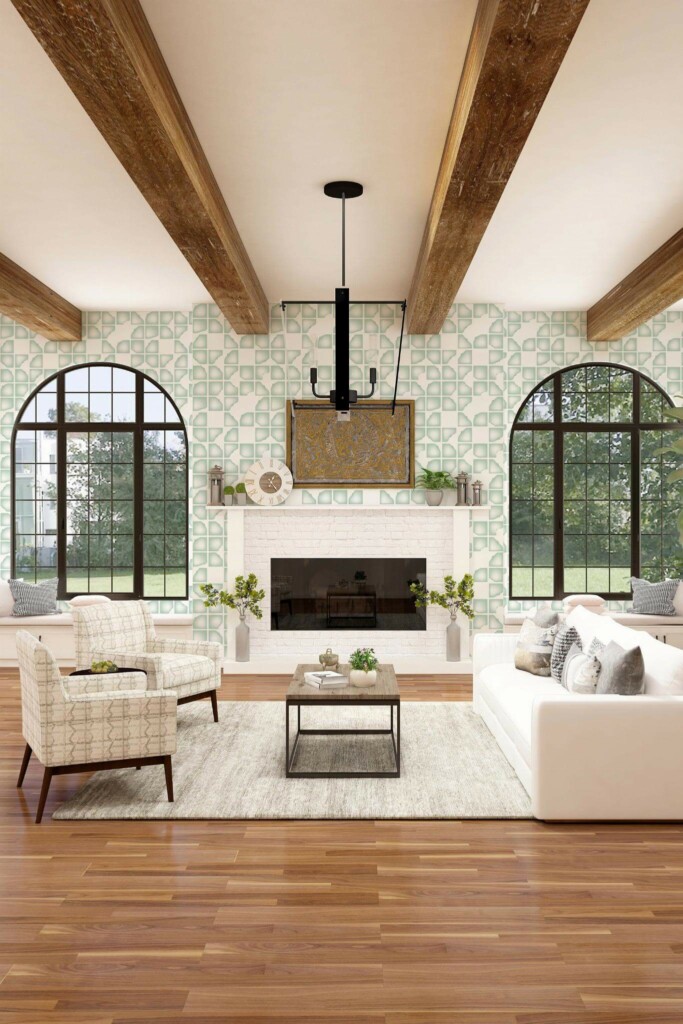 Light farmhouse style living room decorated with Green modern abstract peel and stick wallpaper
