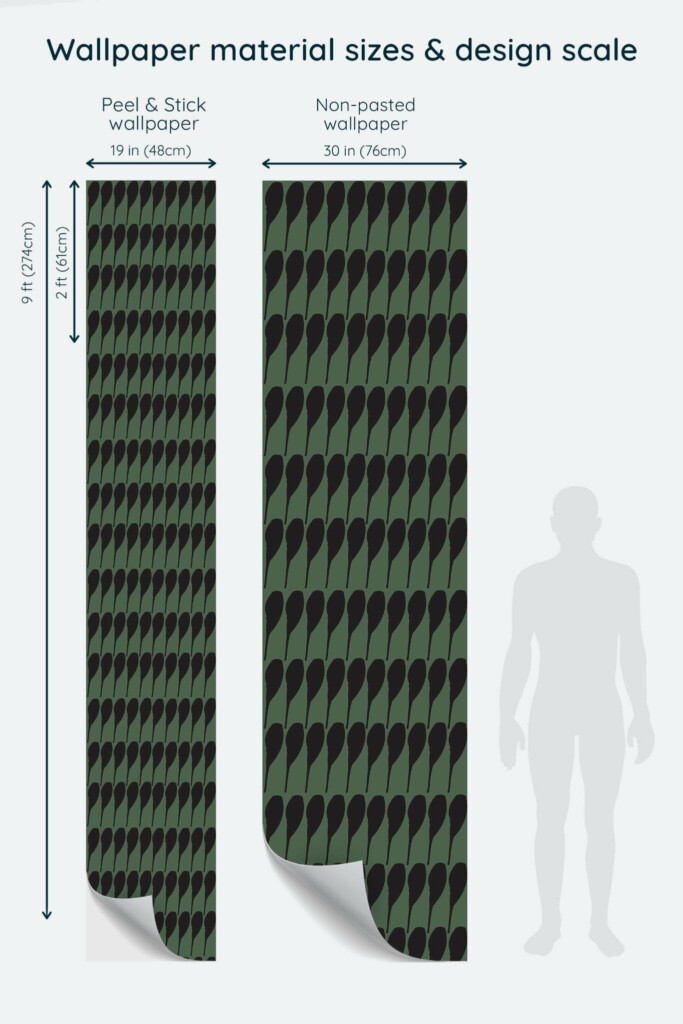 Size comparison of Green modern abstract Peel & Stick and Non-pasted wallpapers with design scale relative to human figure