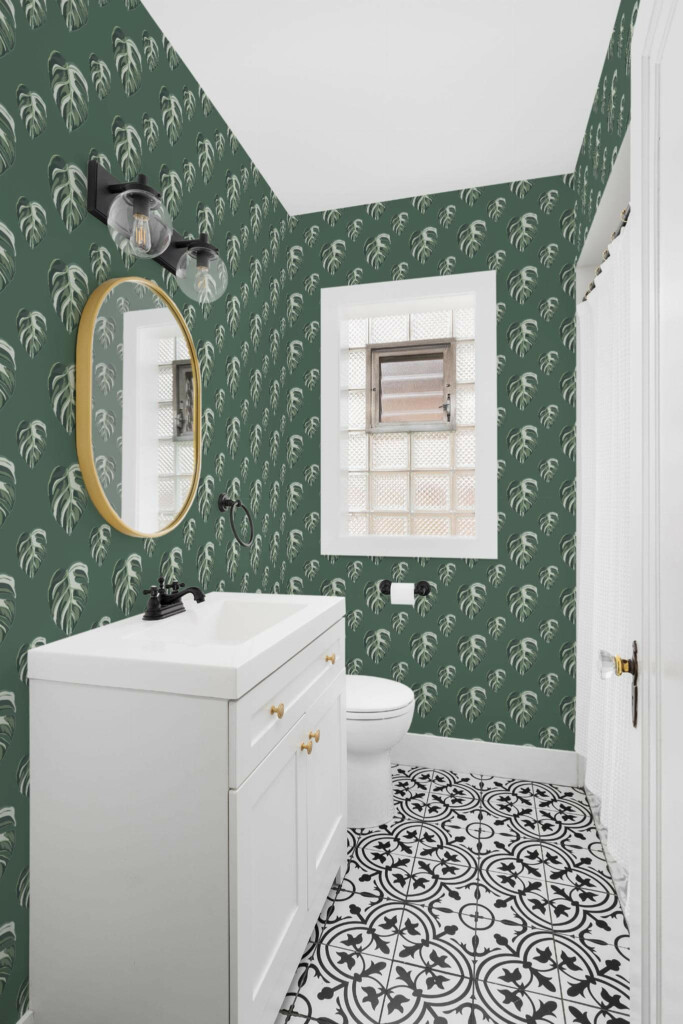 Minimal style bathroom decorated with Green monstera peel and stick wallpaper