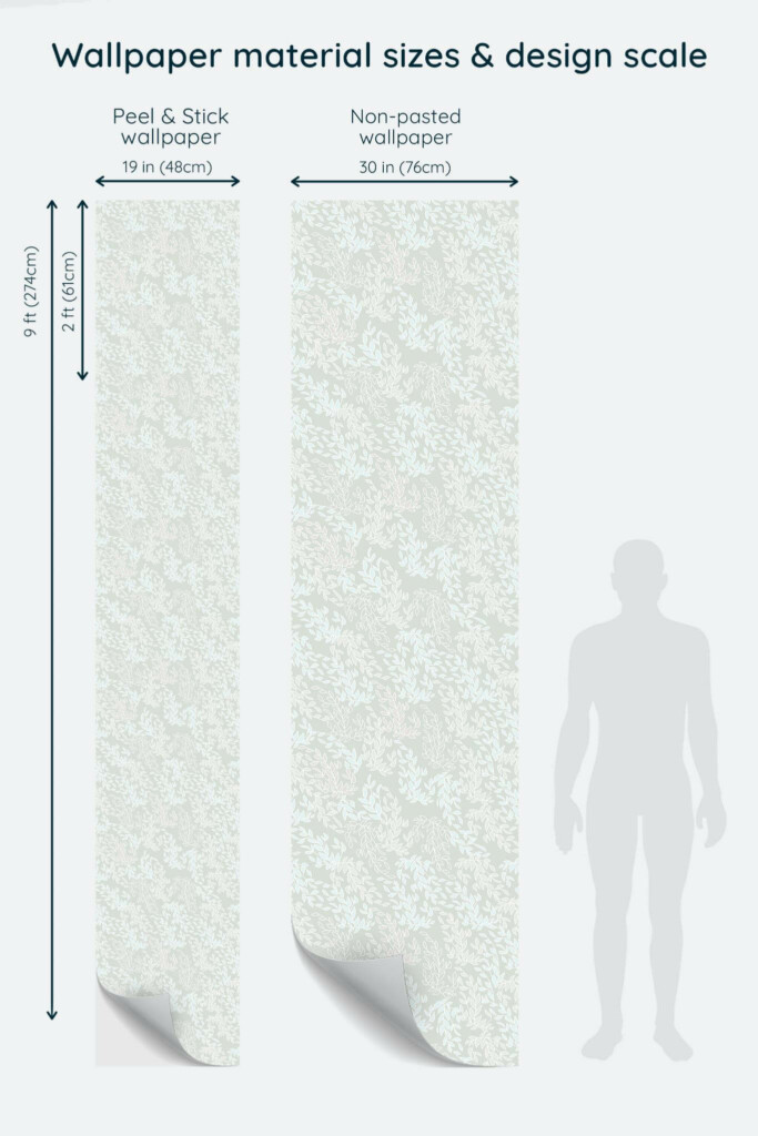 Size comparison of Green neutral leaf Peel & Stick and Non-pasted wallpapers with design scale relative to human figure