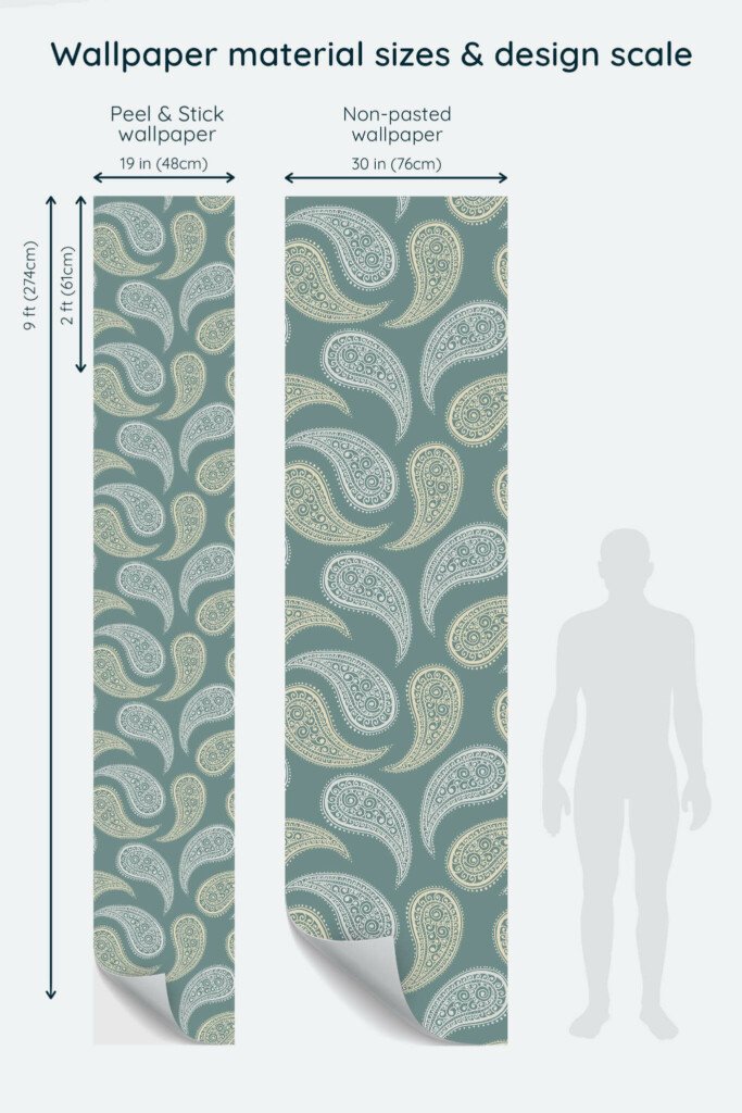 Size comparison of Green paisley Peel & Stick and Non-pasted wallpapers with design scale relative to human figure