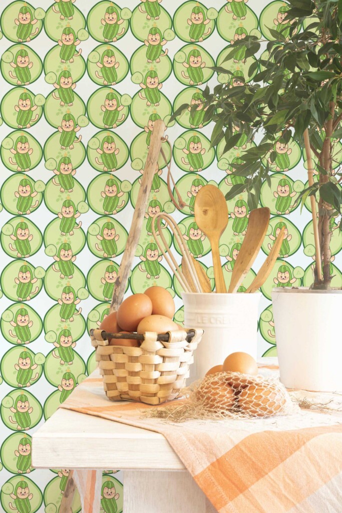 Fancy Walls Green Fun wallpaper for Cafe walls in Cute Kawaii style self-adhesive wallpaper.