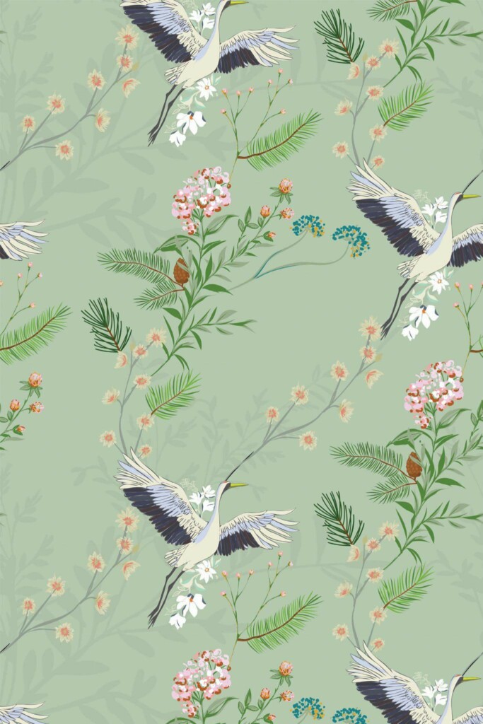 Pattern repeat of Green Pine Birdscape removable wallpaper design