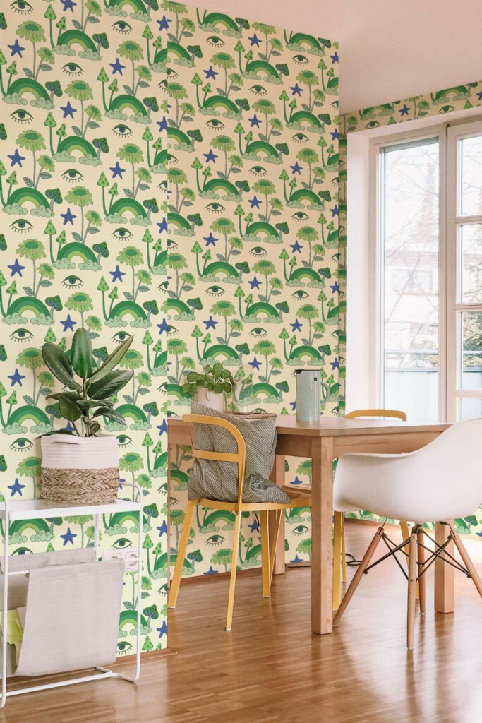 Minimal scandinavian style dining room decorated with Green psychedelic peel and stick wallpaper