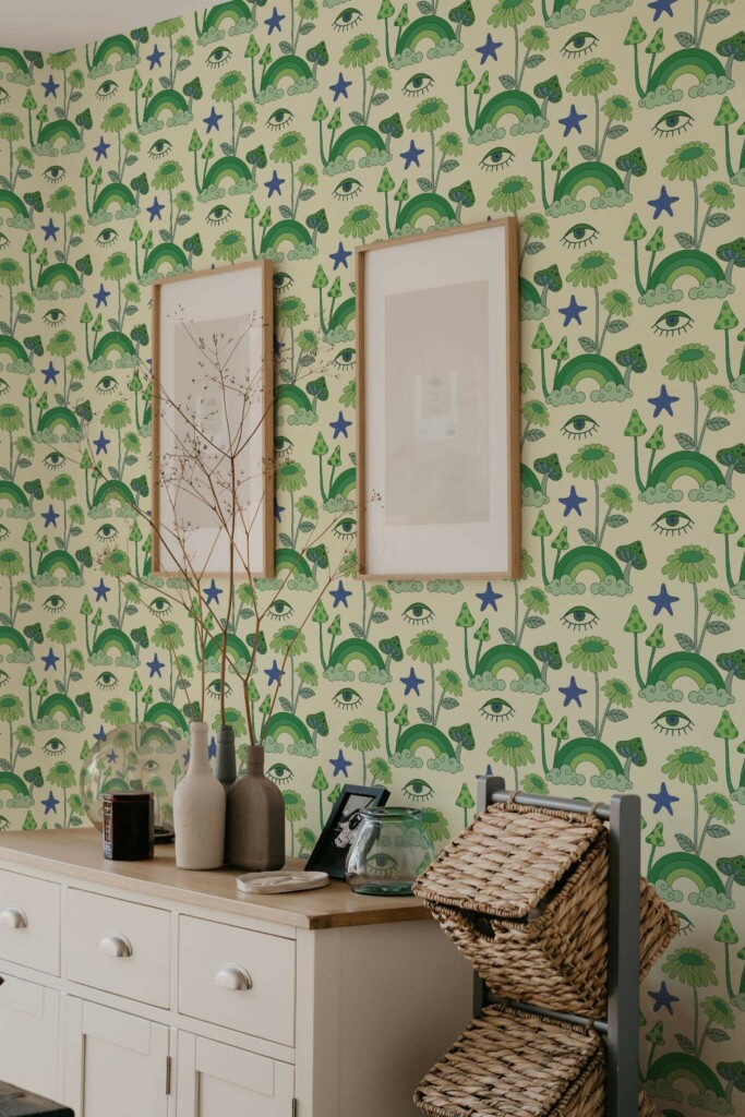 Scandinavian style bedroom decorated with Green psychedelic peel and stick wallpaper