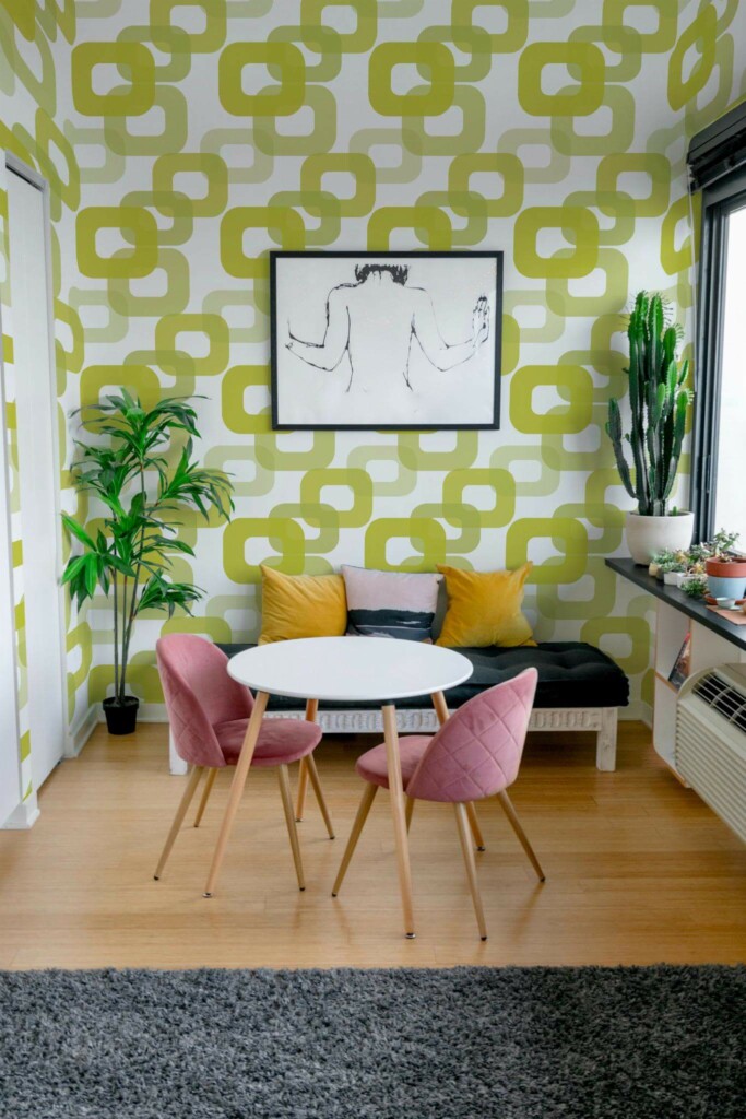 Eclectic style living room decorated with Green retro 70s peel and stick wallpaper