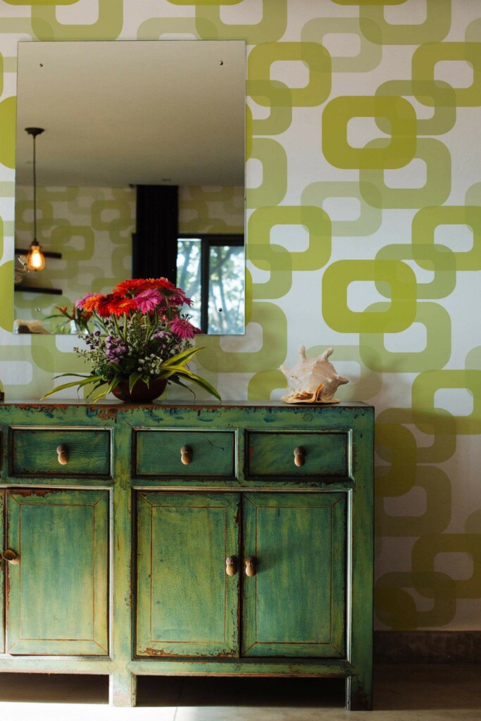 Industrial style living room decorated with Green retro 70s peel and stick wallpaper