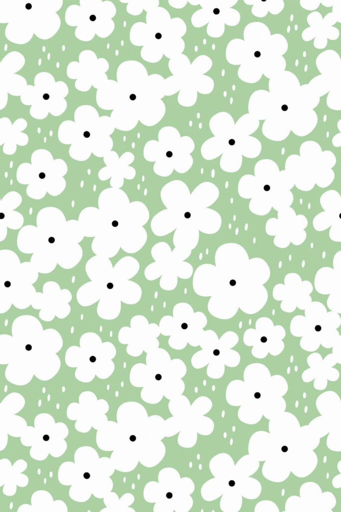 Pattern repeat of Green retro floral removable wallpaper design