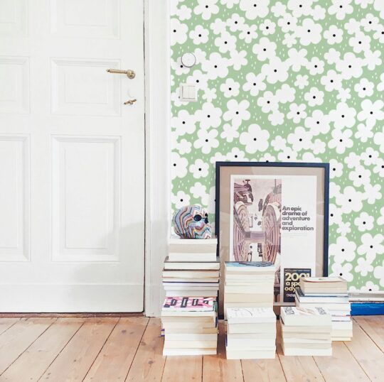 Green retro floral sticky wallpaper