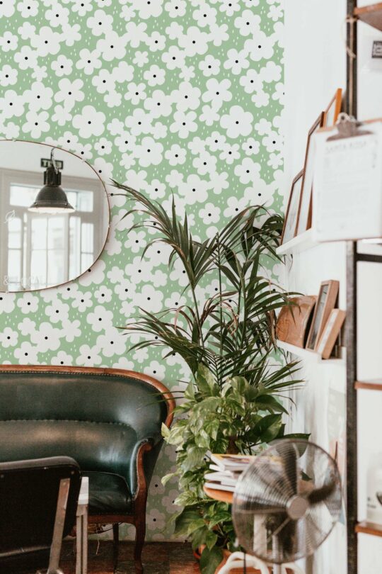 Green retro floral peel and stick removable wallpaper