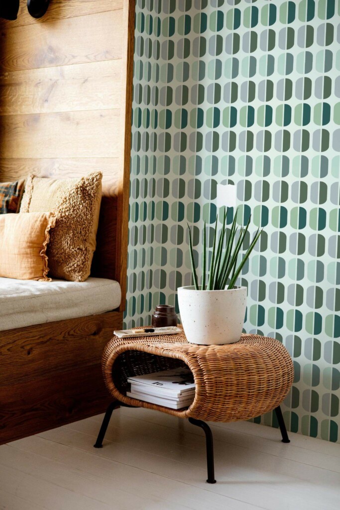 Mid-century modern style bedroom decorated with Green retro peel and stick wallpaper