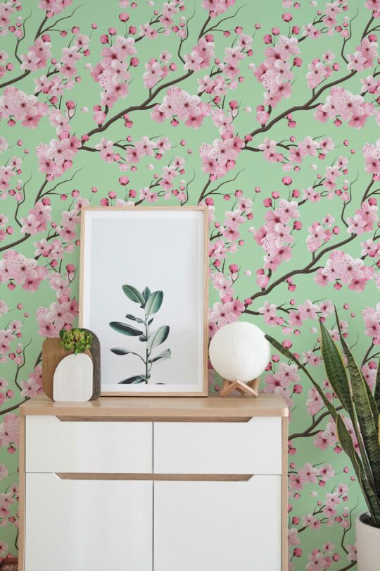 sage cherry blossom non-pasted wallpaper
