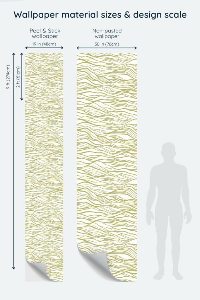 Size comparison of Green Sea Echo Peel & Stick and Non-pasted wallpapers with design scale relative to human figure