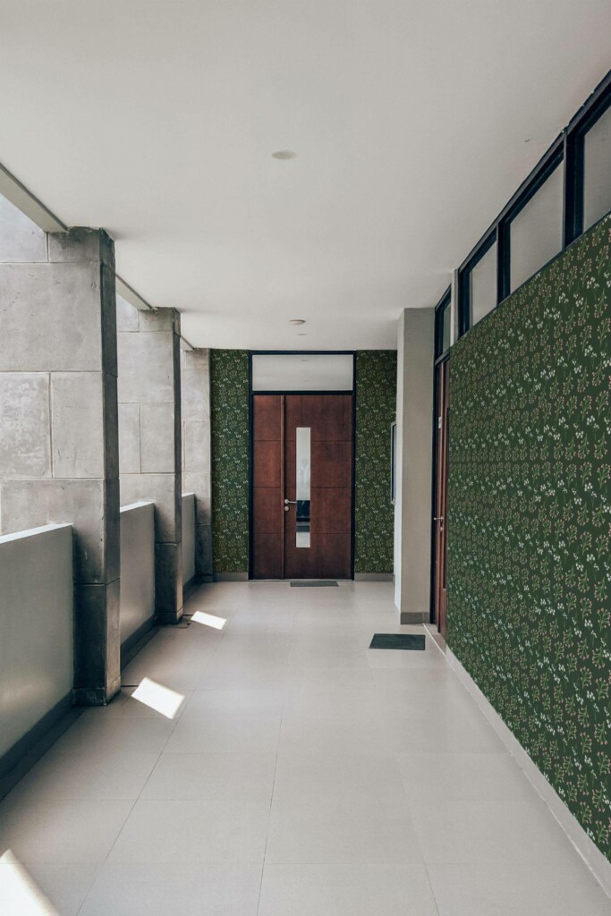Industrial style hallway with a balcony decorated with Green seamless floral peel and stick wallpaper