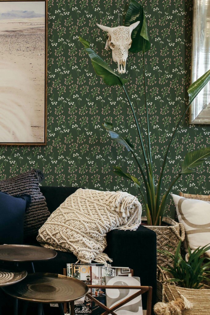 Scandinavian style living room decorated with Green seamless floral peel and stick wallpaper