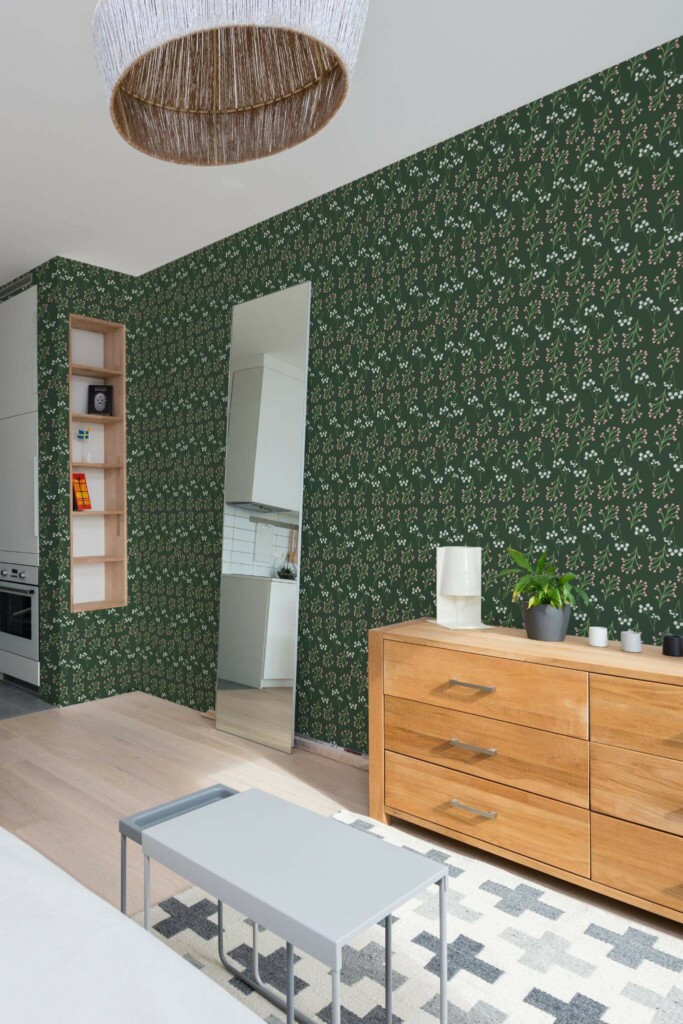 Scandinavian style small apartment decorated with Green seamless floral peel and stick wallpaper