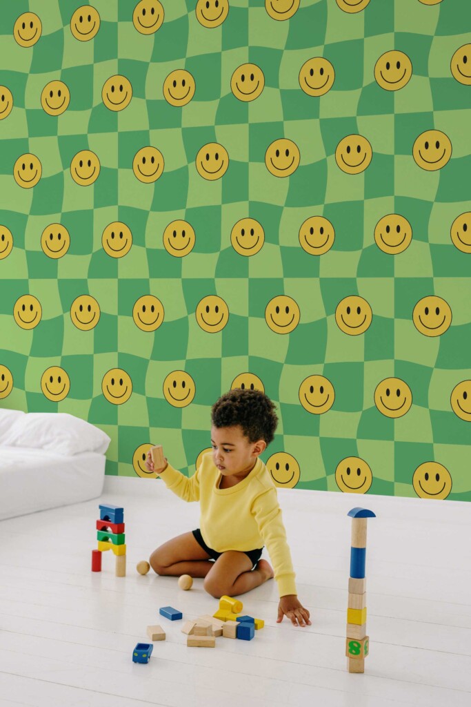Fancy Walls Green Check wallpaper for Kids room walls in Funky style peel and stick wallpaper