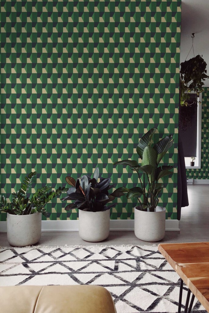 Traditional wallpaper with geometric pattern in green by Fancy Walls. Green Depth wallpaper removable peel and stick or non-pasted