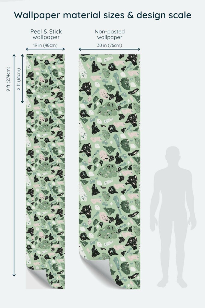 Size comparison of Green terrazzo Peel & Stick and Non-pasted wallpapers with design scale relative to human figure