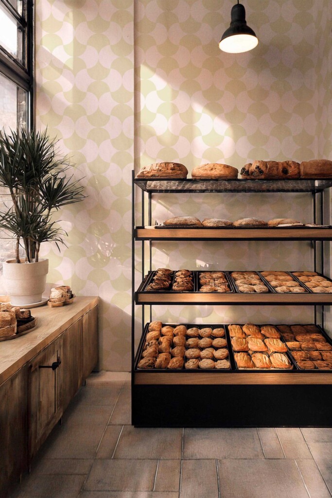 Warm bakery interior featuring wooden display shelves and Cozy Coffee Shop Classic wallpaper in the background. The light sage tile pattern brings balance and charm to rustic or artisan-inspired commercial spaces.