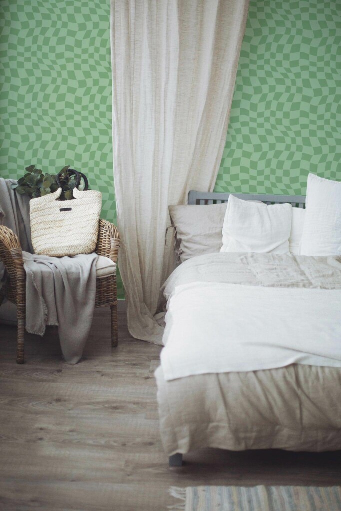 Boho style bedroom decorated with Green trippy grid peel and stick wallpaper