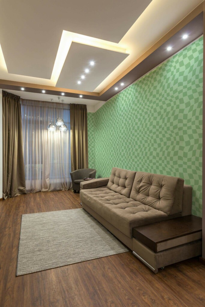 Modern Eastern European style living room decorated with Green trippy grid peel and stick wallpaper
