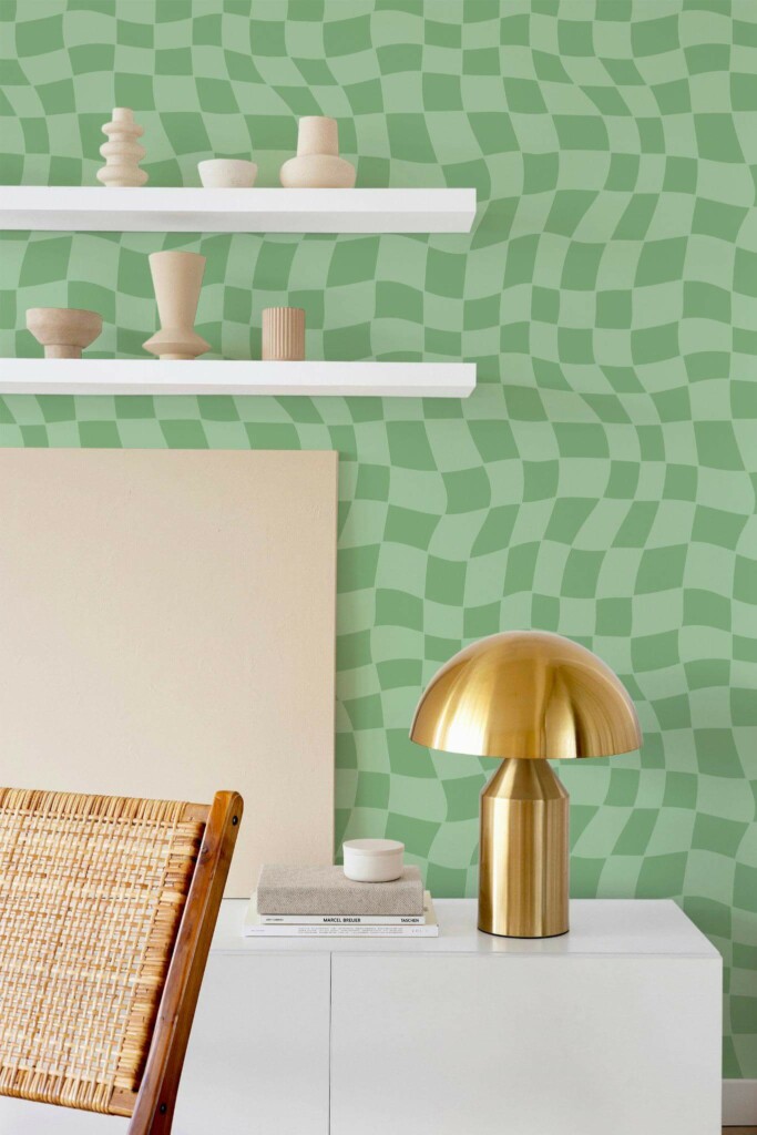 Modern style dining room decorated with Green trippy grid peel and stick wallpaper