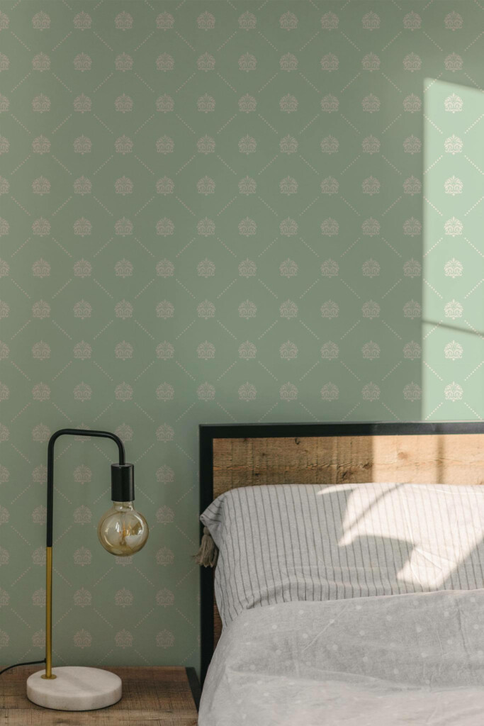 Minimal modern style bedroom decorated with Green vintage peel and stick wallpaper