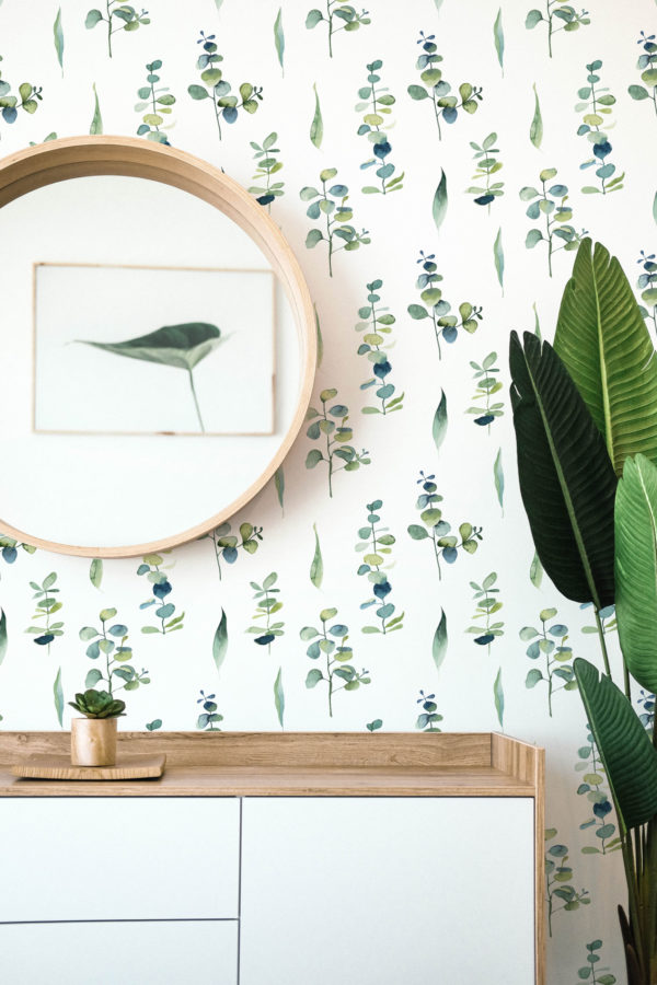 Watercolor eucalyptus leaf peel and stick removable wallpaper