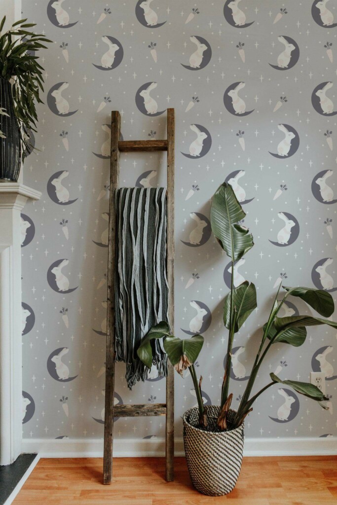 Scandinavian style living room decorated with Grey bunny nursery peel and stick wallpaper