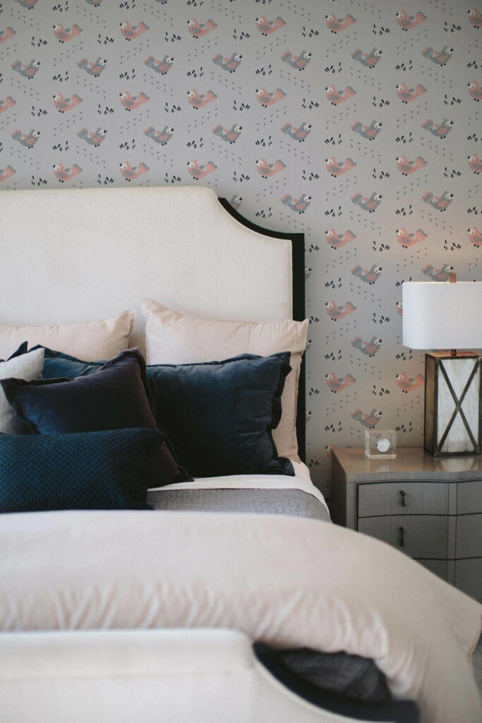 Shabby chic style bedroom decorated with Grey nursery peel and stick wallpaper