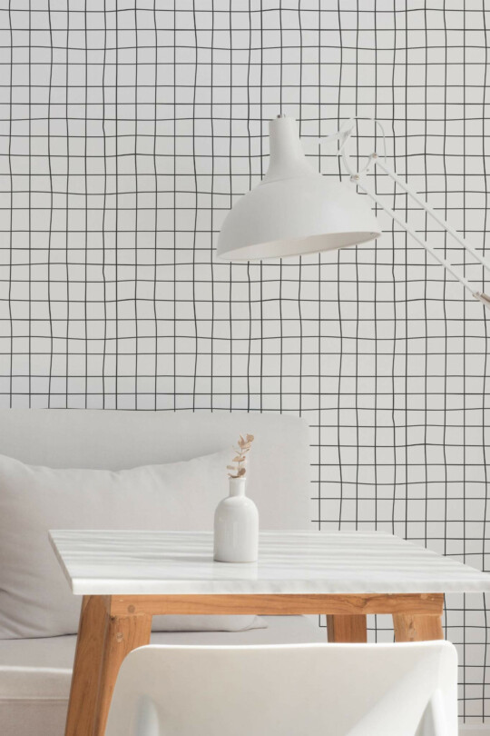 Minimal style dining room decorated with Grid peel and stick wallpaper