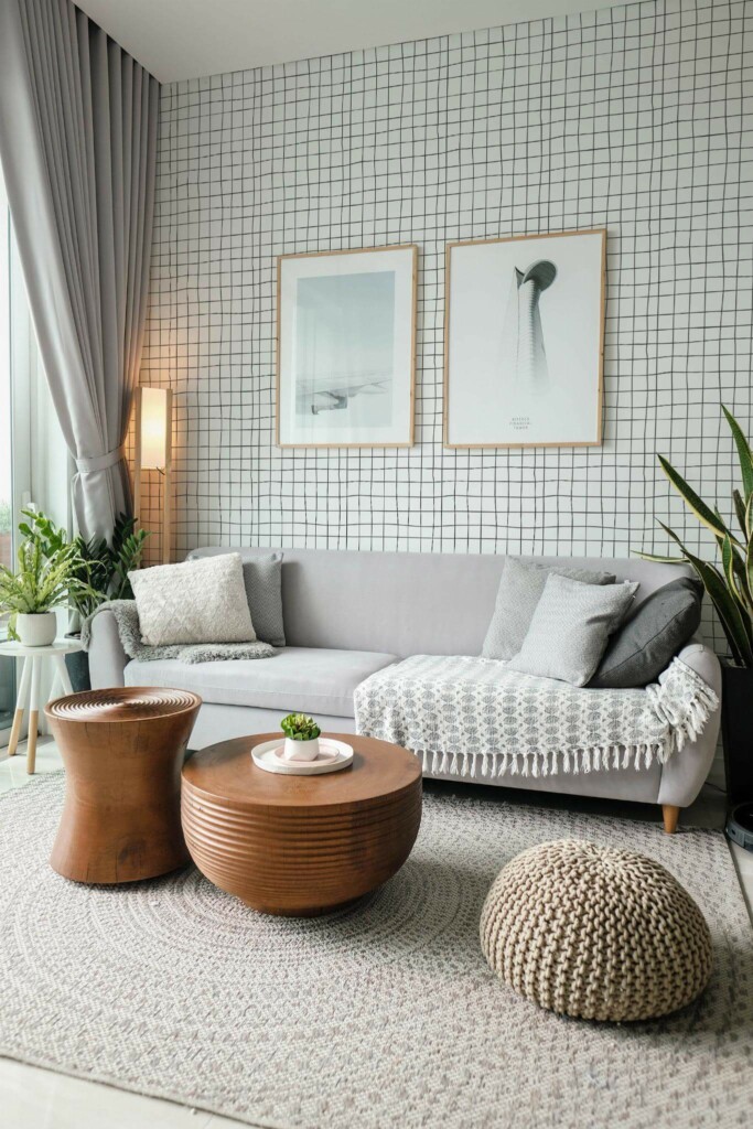 Modern scandinavian style living room decorated with Grid peel and stick wallpaper and green plants