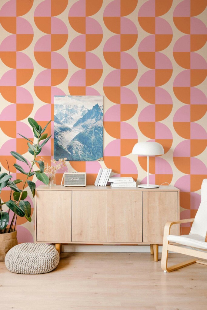 Scandinavian style living room decorated with Groovy continuous semi-circles peel and stick wallpaper
