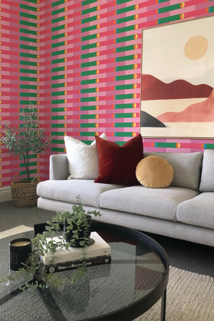 Boho style living room decorated with Groovy funky peel and stick wallpaper