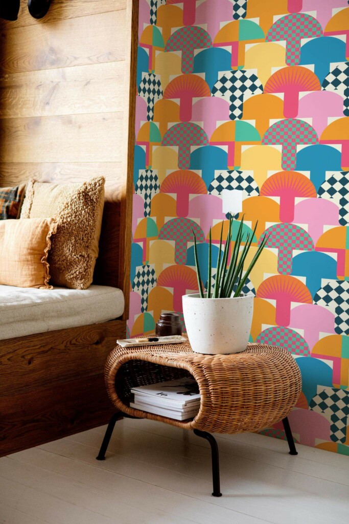 Mid-century modern style bedroom decorated with Groovy mushrooms peel and stick wallpaper